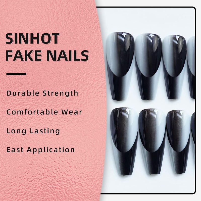 SINHOT French Tip Press on Nails Long Fake Nails Coffin False Nails Double Ombre Ballerina Nail Full Cover Glue on Nail - Image 5